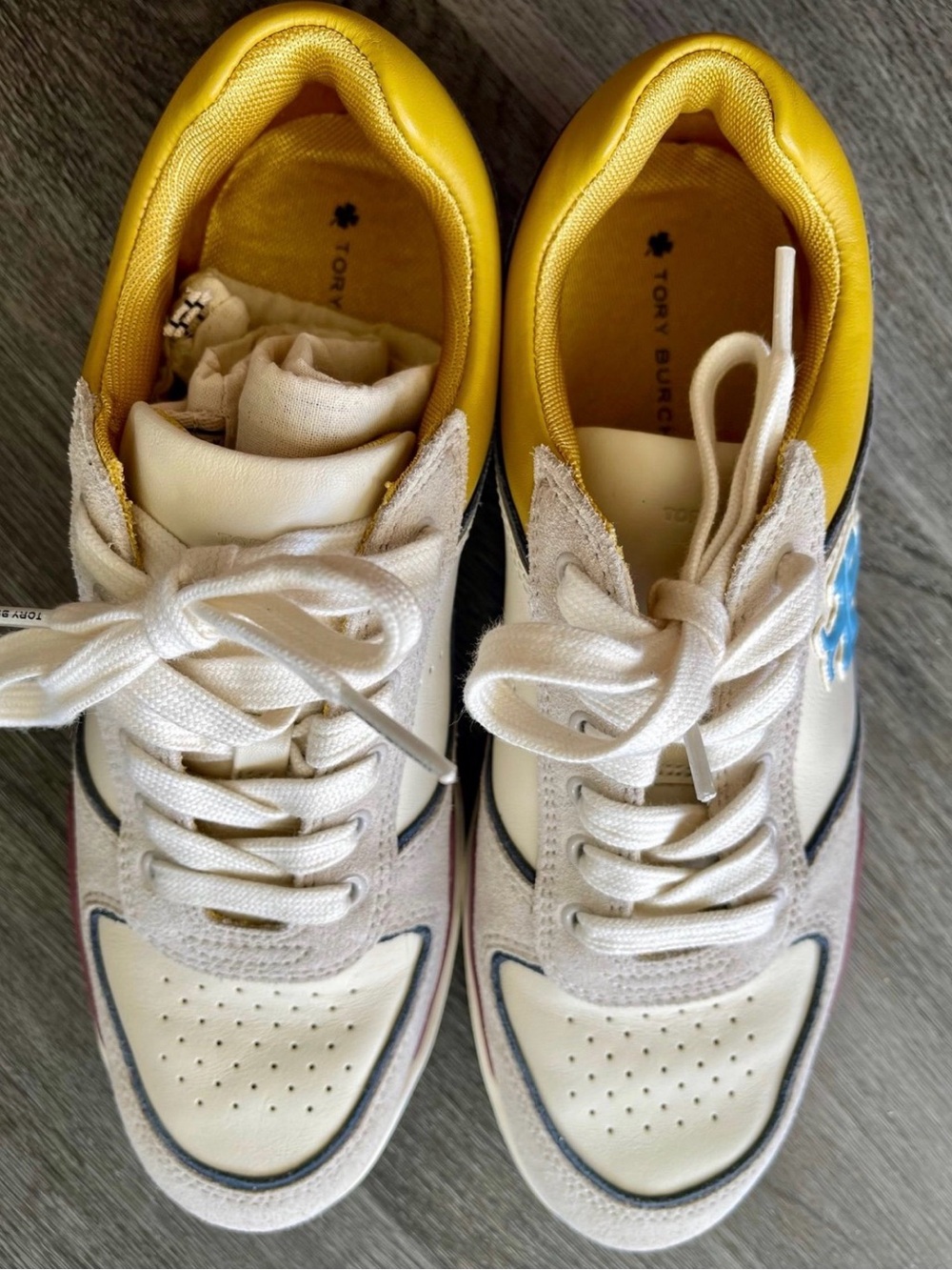 Tory Burch White Leather Sneaker with Light Blue Logo & Yellow Accent